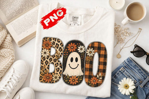 floral Boo smiley face PNG, preppy Halloween girly, Cute Spooky Season png, cute halloween tee toddler and kids SVG DesignDestine 