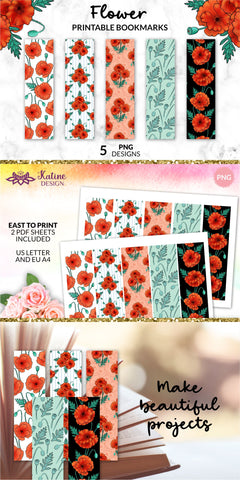 Floral Bookmarks, Flower Bookmarks, Poppy Flower, Printable Bookmark, Bookmark Design, Pdf Bookmark, Bookmark Bundle, Bookmark Set, Diy Bookmarks, Bookmark Sublimation Digital bookmarks, PNG file SVG KatineDesign 