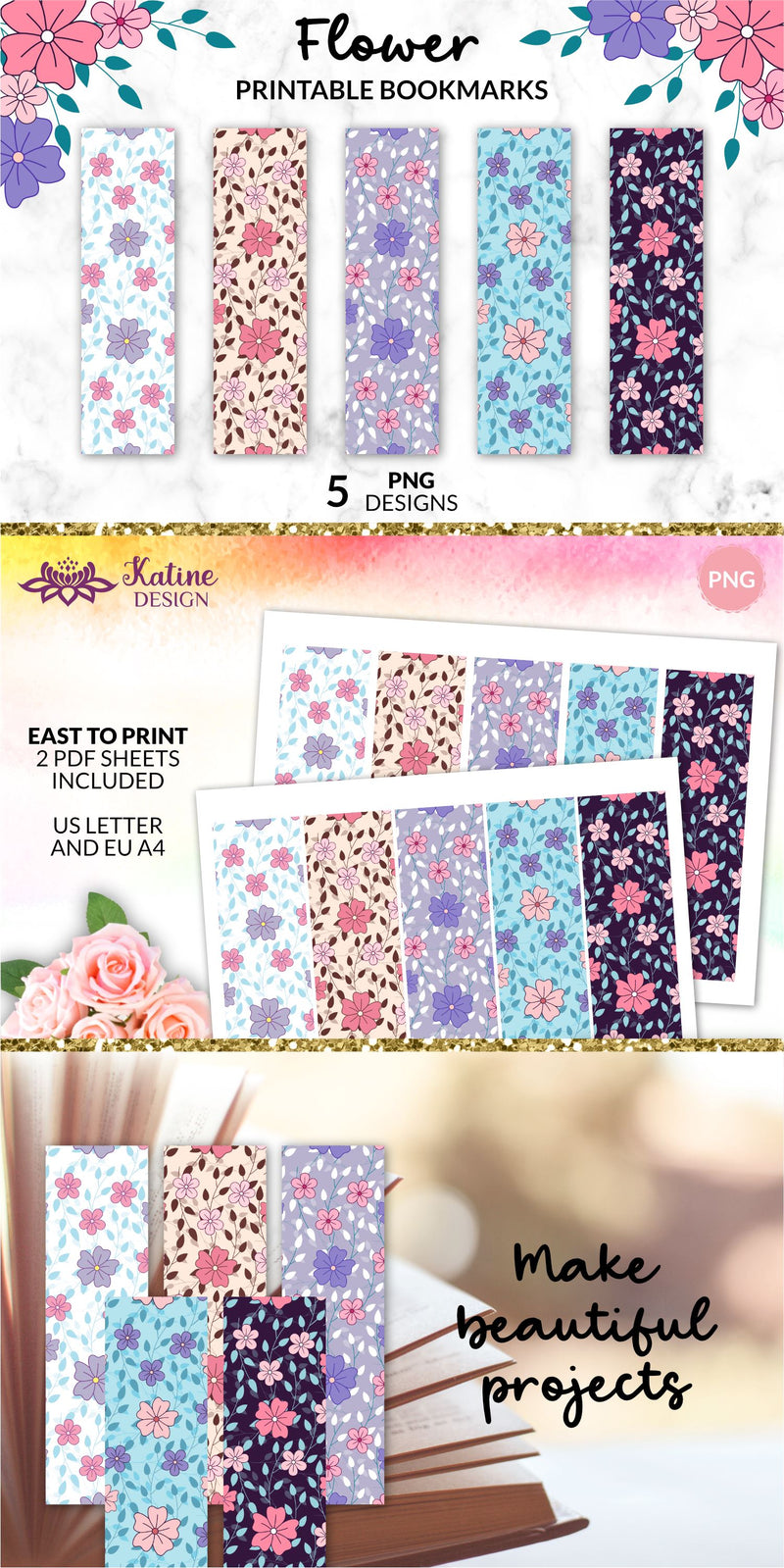 Floral Bookmarks, Flower Bookmarks, Watercolor Bookmarks, Printable ...