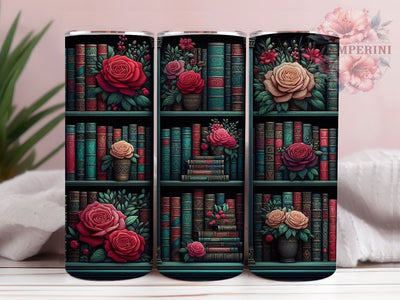 Floral Bookshelf Literary Tumbler, Floral Embroidery Wrap, Bookshelf Design Tumbler, 20oz Sublimation Tumbler, Red Floral Tumbler, Reading Book Tumbler Sublimation Li Zamperini 