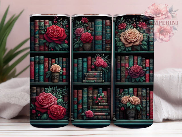 Floral Bookshelf Literary Tumbler, Floral Embroidery Wrap, Bookshelf Design Tumbler, 20oz Sublimation Tumbler, Red Floral Tumbler, Reading Book Tumbler Sublimation Li Zamperini 
