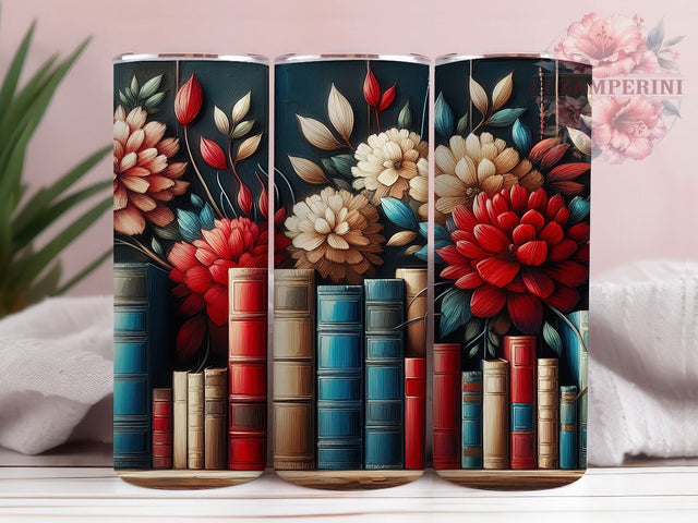 Floral Bookshelf Literary Tumbler, Floral Embroidery Wrap, Bookshelf Design Tumbler, 20oz Sublimation Tumbler, Red Floral Tumbler, Reading Book Tumbler Sublimation Li Zamperini 