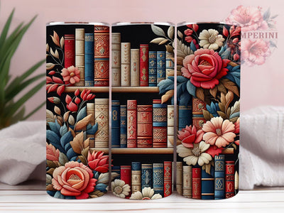 Floral Bookshelf Literary Tumbler, Floral Embroidery Wrap, Bookshelf Design Tumbler, 20oz Sublimation Tumbler, Red Floral Tumbler, Reading Book Tumbler Sublimation Li Zamperini 