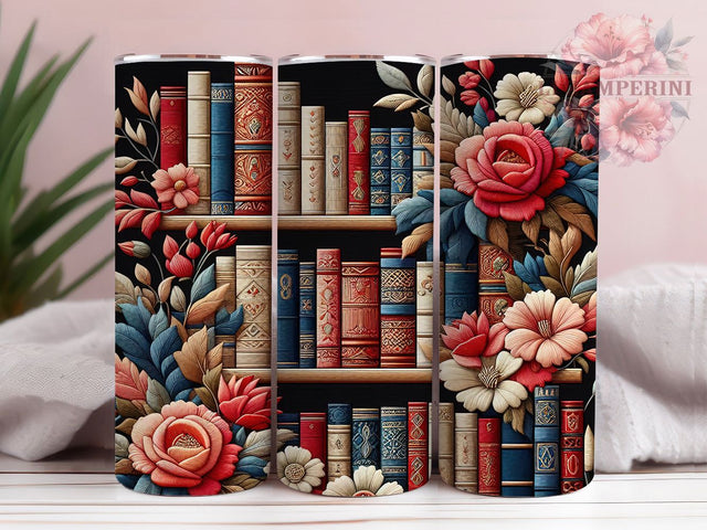 Floral Bookshelf Literary Tumbler, Floral Embroidery Wrap, Bookshelf Design Tumbler, 20oz Sublimation Tumbler, Red Floral Tumbler, Reading Book Tumbler Sublimation Li Zamperini 