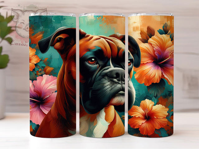 Floral Boxer Dog Lover Tumbler Wrap, Floral Pet Pattern, Dog Breed Gift, Boxer Mom Tumbler, Dog Lover Cup, Flower Dog Art, Boxer Owner Present Sublimation Lara' s Designs 