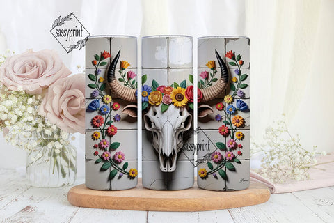 Floral Bull Skull 20oz Tumbler Wrap Sublimation sassyprint 