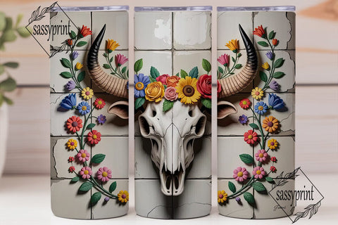 Floral Bull Skull 20oz Tumbler Wrap Sublimation sassyprint 