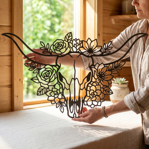 Floral Bull Skull Laser SVG | Boho Cow Skull SVG | CNC Plasma Cut File | Laser Cut Dxf | Western Flower Skull Svg Png Eps SVG HappyDesignStudio 