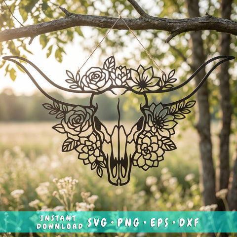 Floral Bull Skull Laser SVG | Boho Cow Skull SVG | CNC Plasma Cut File | Laser Cut Dxf | Western Flower Skull Svg Png Eps SVG HappyDesignStudio 