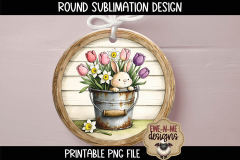 Floral Bunny Bucket Sublimation Design | Spring Round PNG Sublimation Ewe-N-Me Designs 