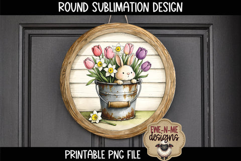 Floral Bunny Bucket Sublimation Design | Spring Round PNG Sublimation Ewe-N-Me Designs 
