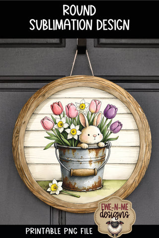 Floral Bunny Bucket Sublimation Design | Spring Round PNG Sublimation Ewe-N-Me Designs 
