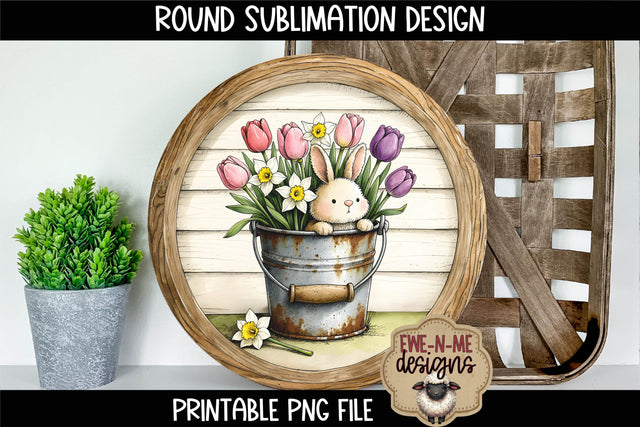 Floral Bunny Bucket Sublimation Design | Spring Round PNG Sublimation Ewe-N-Me Designs 