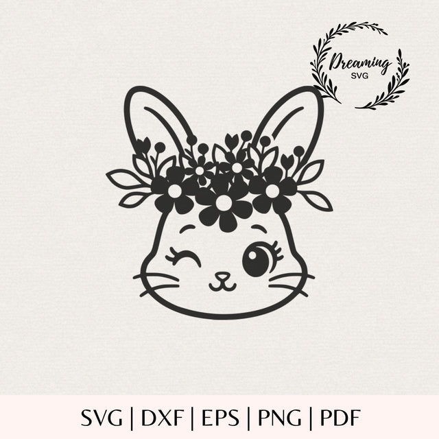 Floral Bunny Face SVG - Easter Kawaii Rabbit Cut File - Flower Crown Silhouette Digital Download SVG DreamingSVG 
