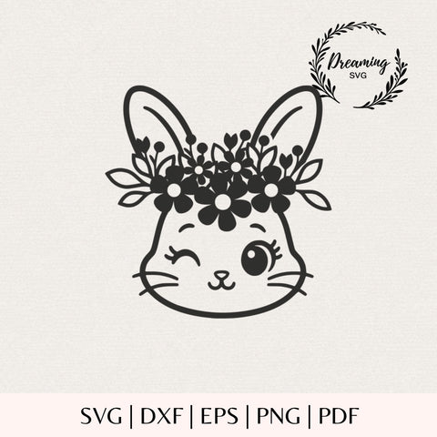 Floral Bunny Face SVG - Easter Kawaii Rabbit Cut File - Flower Crown Silhouette Digital Download SVG DreamingSVG 