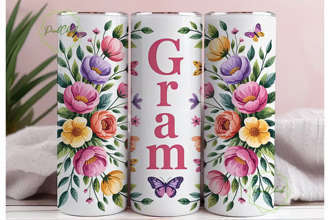 Floral Butterfly Gram 20oz Tumbler Wrap Sublimation PixelChick 
