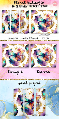 Floral Butterfly Marble Tumbler, Butterfly Tumbler Wrap, Butterfly Sublimation Tumbler, Tumbler Wrap Sublimation, Skinny Tumbler Sublimation, Sublimation Wrap Design For 20 Oz Skinny Tumbler Straight And Tapered Png Sublimation KatineDesign 