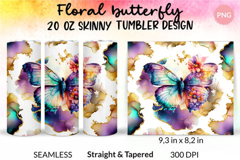 Floral Butterfly Marble Tumbler, Butterfly Tumbler Wrap, Butterfly Sublimation Tumbler, Tumbler Wrap Sublimation, Skinny Tumbler Sublimation, Sublimation Wrap Design For 20 Oz Skinny Tumbler Straight And Tapered Png Sublimation KatineDesign 