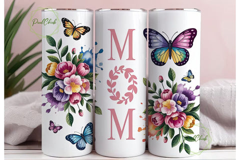 Floral Butterfly Mom 20oz Tumbler Wrap Sublimation PixelChick 