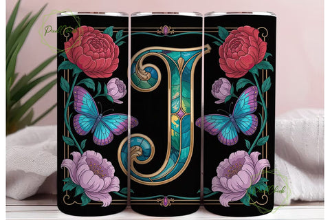 Floral Butterfly Monogram J Tumbler Wrap Sublimation PixelChick 