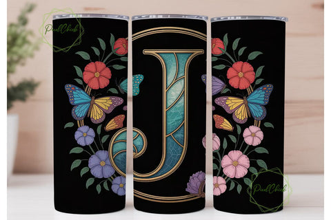 Floral Butterfly Monogram J Tumbler Wrap Sublimation PixelChick 