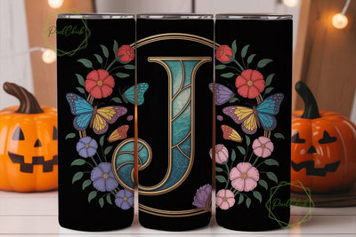 Floral Butterfly Monogram J Tumbler Wrap Sublimation PixelChick 