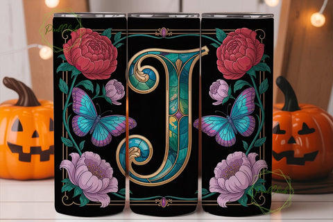 Floral Butterfly Monogram J Tumbler Wrap Sublimation PixelChick 