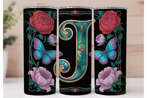 Floral Butterfly Monogram J Tumbler Wrap Sublimation PixelChick 