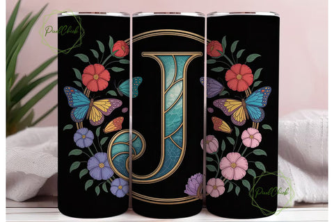 Floral Butterfly Monogram J Tumbler Wrap Sublimation PixelChick 