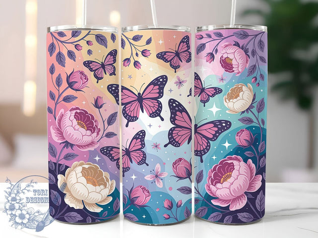 Floral Butterfly Nature Tumbler, Floral Flower, Nature Theme, Elegant Design, Vibrant Pattern, 20Oz Tumbler, Sublimation Wrap Sublimation ToriDesigns 