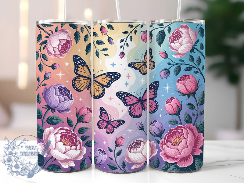 Floral Butterfly Nature Tumbler, Floral Flower, Nature Theme, Elegant Design, Vibrant Pattern, 20Oz Tumbler, Sublimation Wrap Sublimation ToriDesigns 