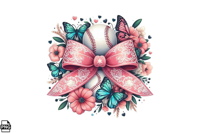 Floral Butterfly Pink Coquette Baseball PNG Printable File Sublimation Creativedesigntee 