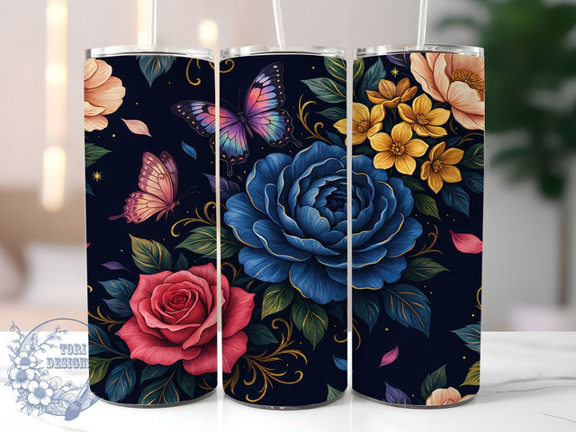Floral Butterfly Wraparound 20oz Tumbler, Butterfly Seamless, Ultra Detailed, Continuous Pattern, Botanical Illustration, Skinny Tumbler, Sublimation PNG Sublimation ToriDesigns 