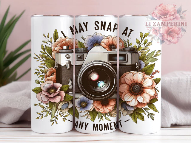Floral Camera 20 oz Skinny Tumbler Sublimation Design, Straight & Tapered Tumbler Png, I May Snap At Any Moment Photographe Tumbler Png, Digital Download PNG Sublimation Li Zamperini 