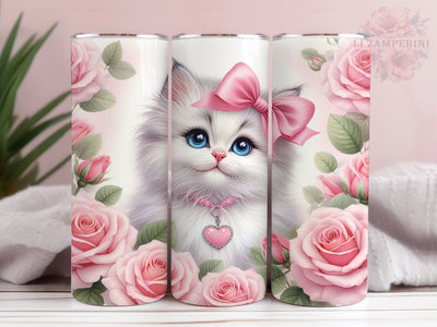 Floral Cat 20oz Tumbler Wrap PNG, White Kitten Tumbler Png, Straight & Tapered Tumbler Wrap, Instant Digital Download Sublimation Li Zamperini 