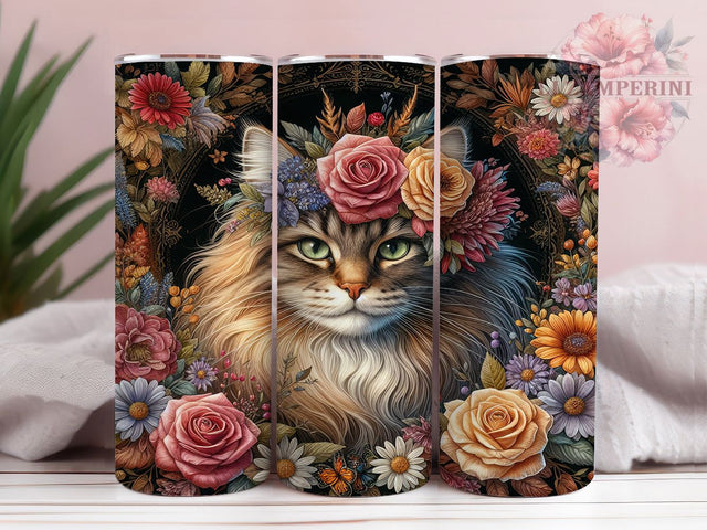 Floral Cat Colorful Kitty Tumbler Wrap, 20oz Tumbler Sublimation, Artistic Cat Design, Boho Flower Cat Tumbler, Watercolor Feline Wrap, Whimsical Pet Lover Tumbler Sublimation Li Zamperini 