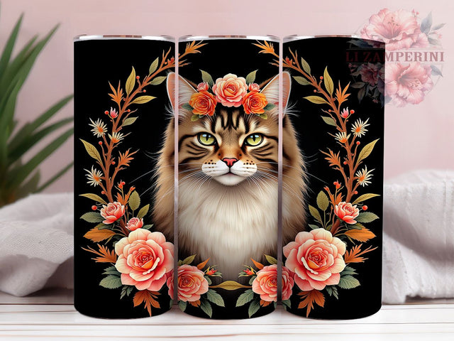 Floral Cat Colorful Kitty Tumbler Wrap, 20oz Tumbler Sublimation, Artistic Cat Design, Boho Flower Cat Tumbler, Watercolor Feline Wrap, Whimsical Pet Lover Tumbler Sublimation Li Zamperini 
