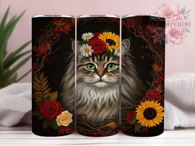 Floral Cat Colorful Kitty Tumbler Wrap, 20oz Tumbler Sublimation, Artistic Cat Design, Boho Flower Cat Tumbler, Watercolor Feline Wrap, Whimsical Pet Lover Tumbler Sublimation Li Zamperini 