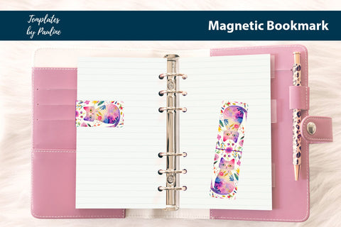 Floral Cat Printable Rectangle Magnetic Bookmark SVG Templates by Pauline 