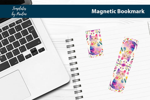 Floral Cat Printable Rectangle Magnetic Bookmark SVG Templates by Pauline 