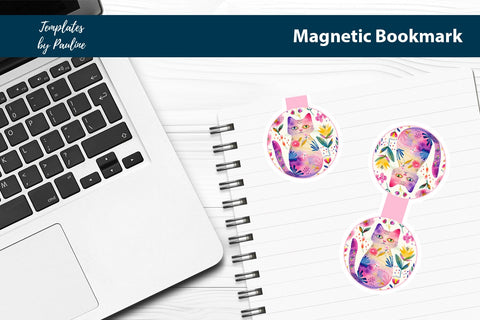 Floral Cat Printable Round Magnetic Bookmark SVG Templates by Pauline 