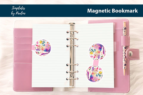 Floral Cat Printable Round Magnetic Bookmark SVG Templates by Pauline 
