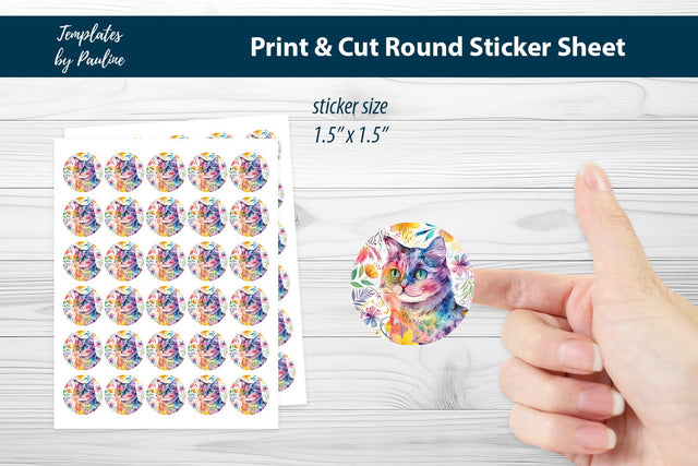 Floral Cat Round Sticker Sheet, Cute Cat Digital Sticker SVG Templates by Pauline 