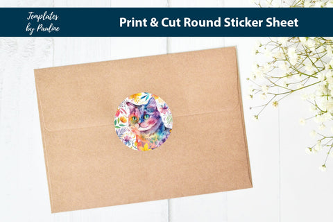Floral Cat Round Sticker Sheet, Cute Cat Digital Sticker SVG Templates by Pauline 