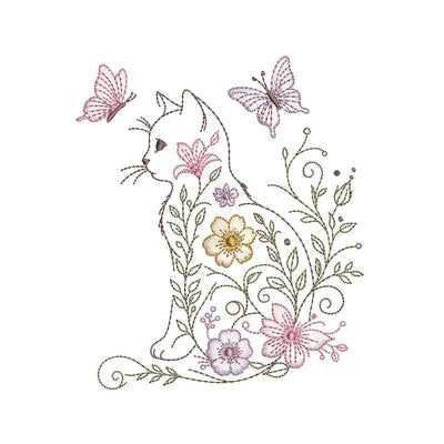Floral Cat Silhouette and Butterflies Machine Embroidery Design for 5x7 6x10 8x8 Hoops Digital File Embroidery/Applique DESIGNS Nino Nadaraia 