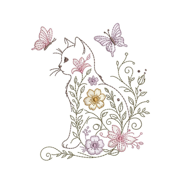 Floral Cat Silhouette and Butterflies Machine Embroidery Design for 5x7 6x10 8x8 Hoops Digital File Embroidery/Applique DESIGNS Nino Nadaraia 