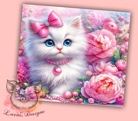 Floral Cat Tumbler, White Kitten Design, Sublimation PNG, 20oz Tumbler, Cute Cat Wrap, Pet Lover Gift, Floral Tumbler, Kitty Lover Tumbler Sublimation Lara' s Designs 