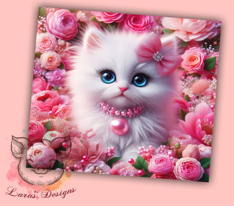 Floral Cat Tumbler, White Kitten Design, Sublimation PNG, 20oz Tumbler, Cute Cat Wrap, Pet Lover Gift, Floral Tumbler, Kitty Lover Tumbler Sublimation Lara' s Designs 