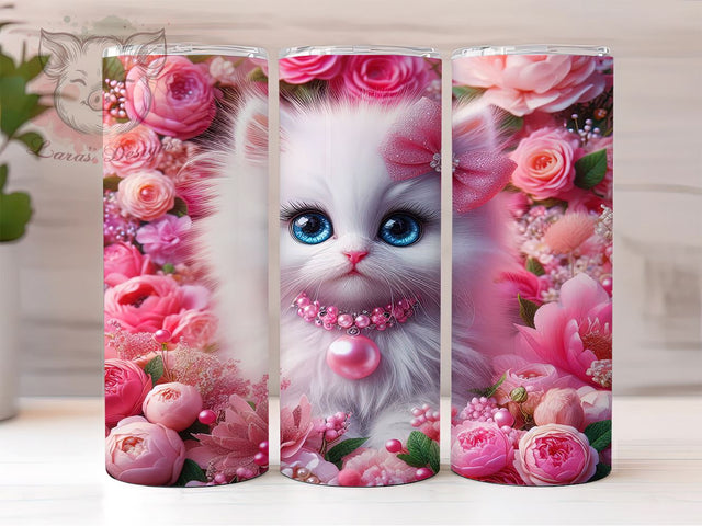 Floral Cat Tumbler, White Kitten Design, Sublimation PNG, 20oz Tumbler, Cute Cat Wrap, Pet Lover Gift, Floral Tumbler, Kitty Lover Tumbler Sublimation Lara' s Designs 