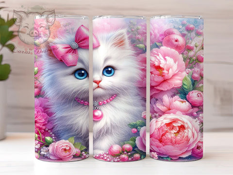Floral Cat Tumbler, White Kitten Design, Sublimation PNG, 20oz Tumbler, Cute Cat Wrap, Pet Lover Gift, Floral Tumbler, Kitty Lover Tumbler Sublimation Lara' s Designs 